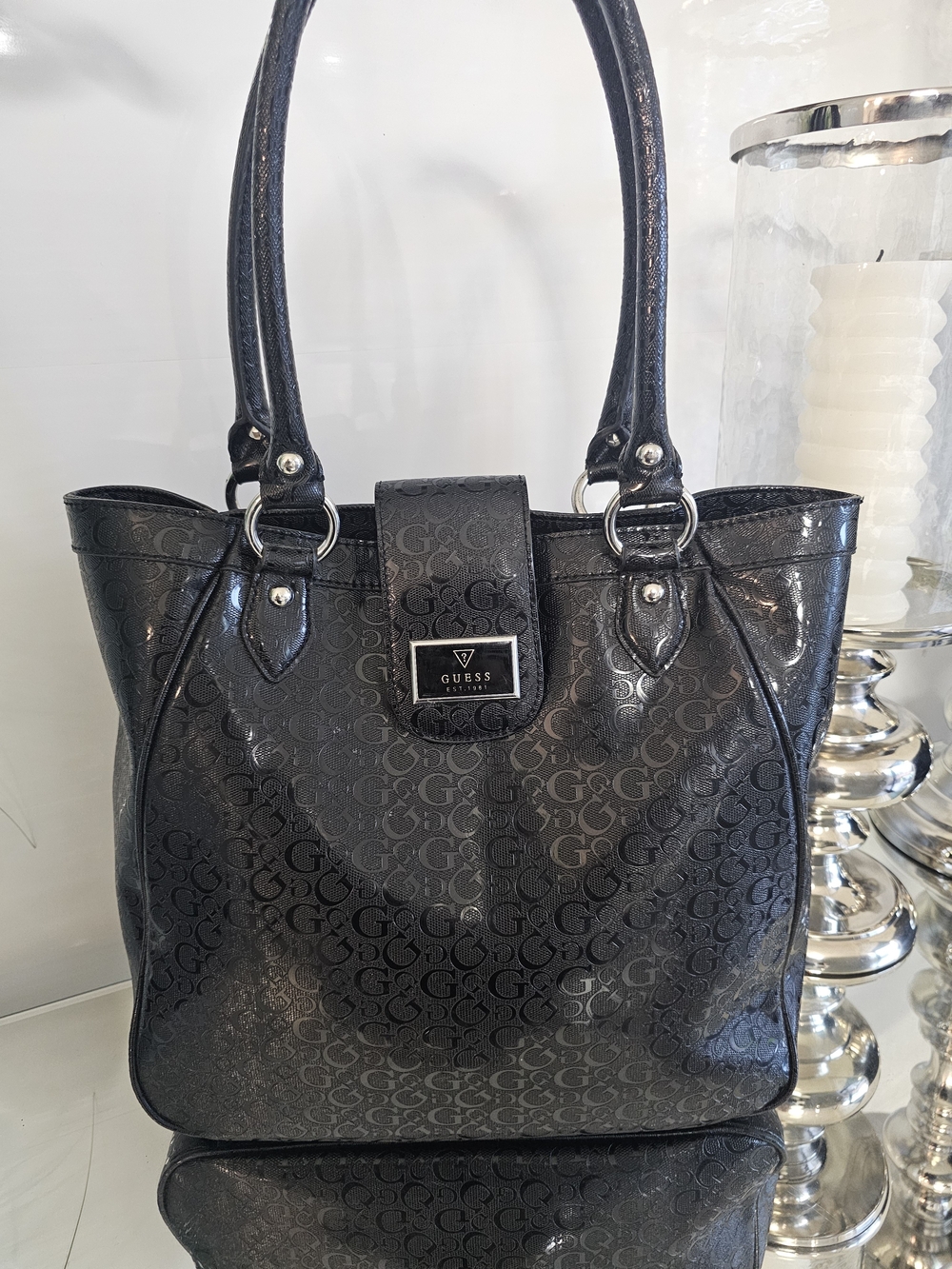 GUESS Ellacruz Textured Black Signature Logo Tote Bag